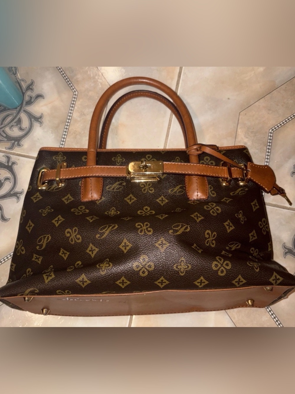 Classic Brown Monogram Satchel with Tan Trim and Gold Hardware